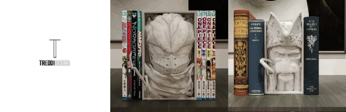 Manga nook imprimé en résine entre des tomes de manga